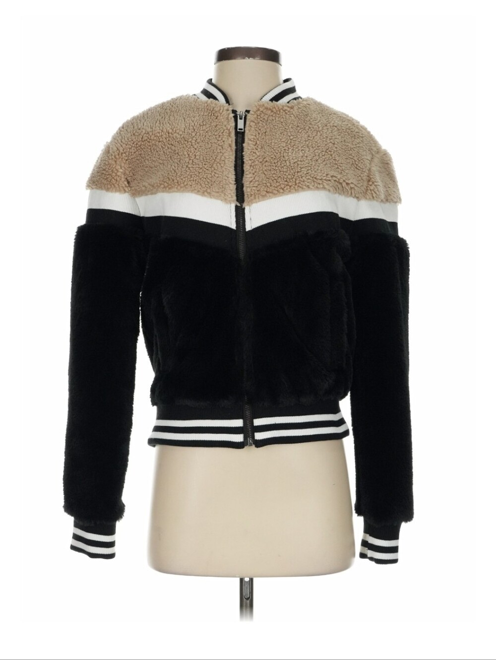 John + Jenn XS Black & Tan Sherpa Faux Fur Bomber Jacket NWT Varsity Style